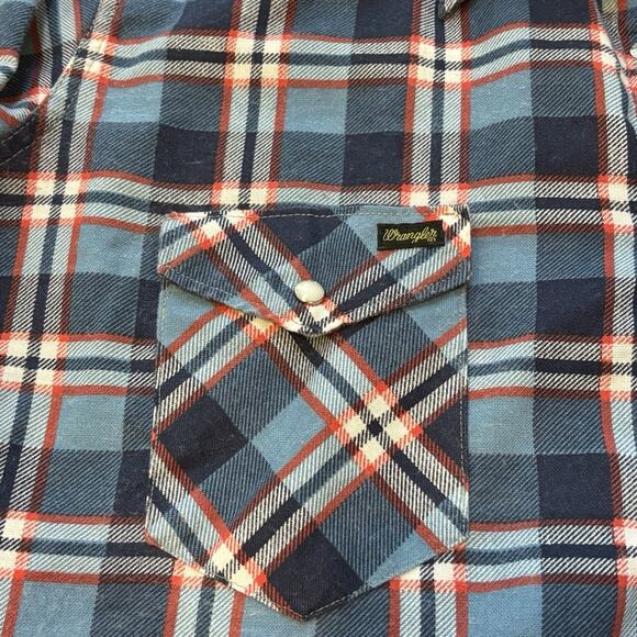 Vintage 60s Wrangler Pearl Snap Flannel Red Plaid Dagger Pt Collar 17x33 Large - Picture 6 of 6